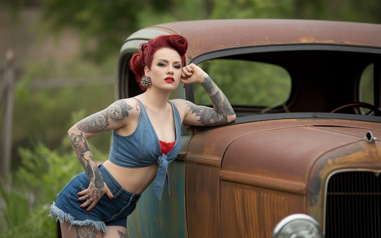 Rockabilly Woman with Tattoos Leaning on Rat Rod