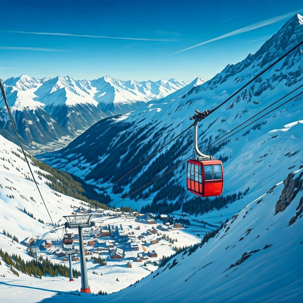 Red Funicular Ascending Snowy Mountainside