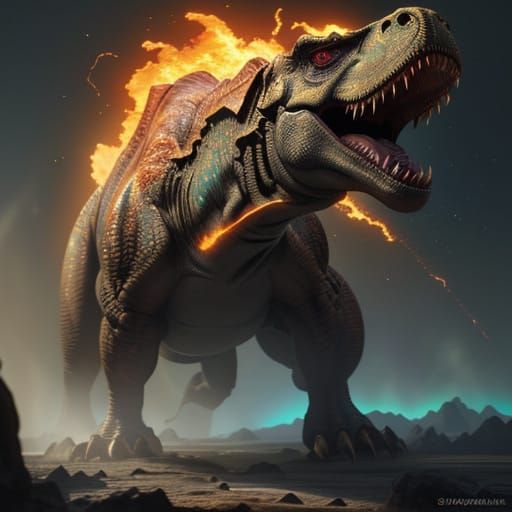 Opal Dinosaur in Volcanic Ash: Digital Art