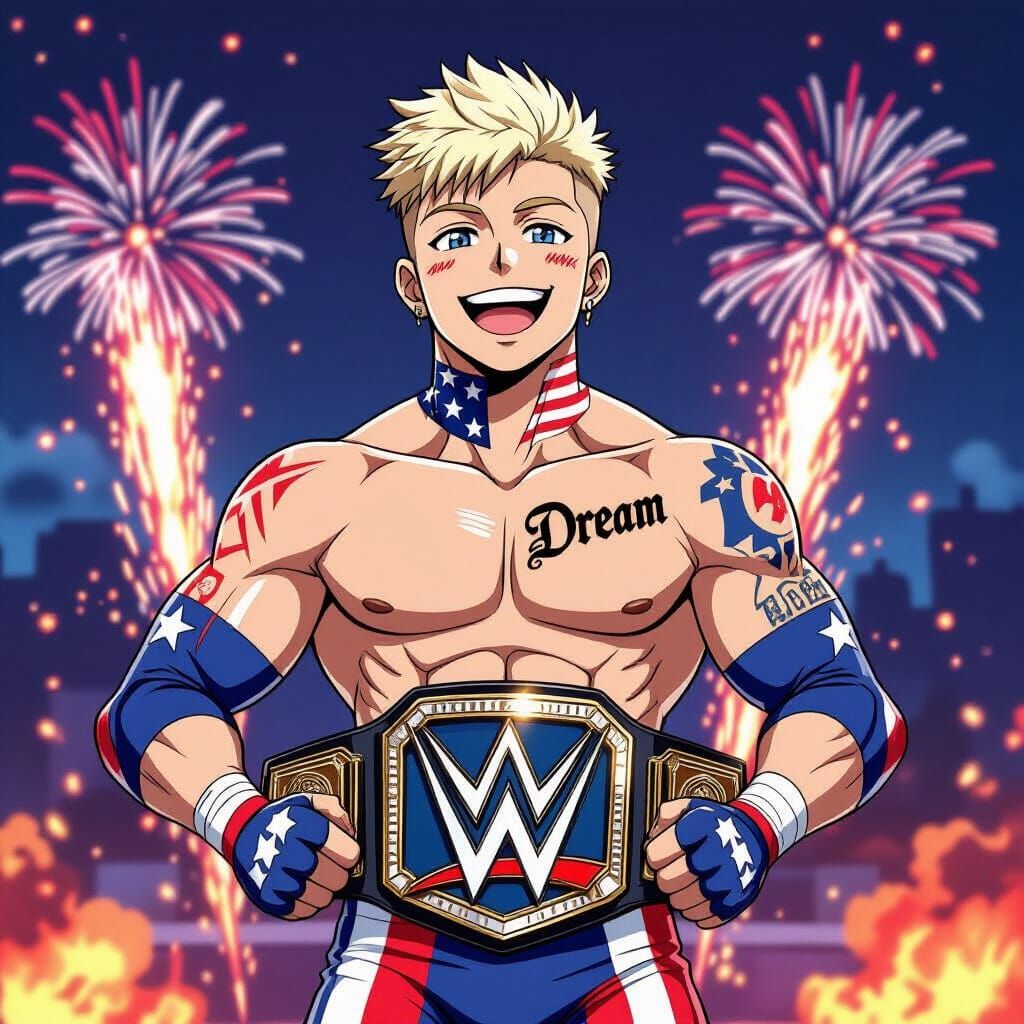 Anime Wrestler with Championship Belt and Pyro