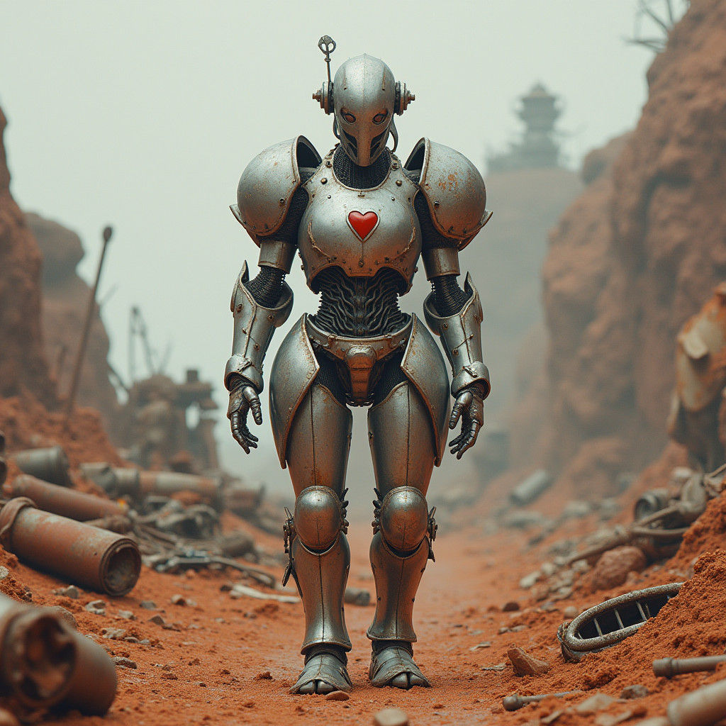 Armored Silver Warrior in Post-Apocalyptic Landscape