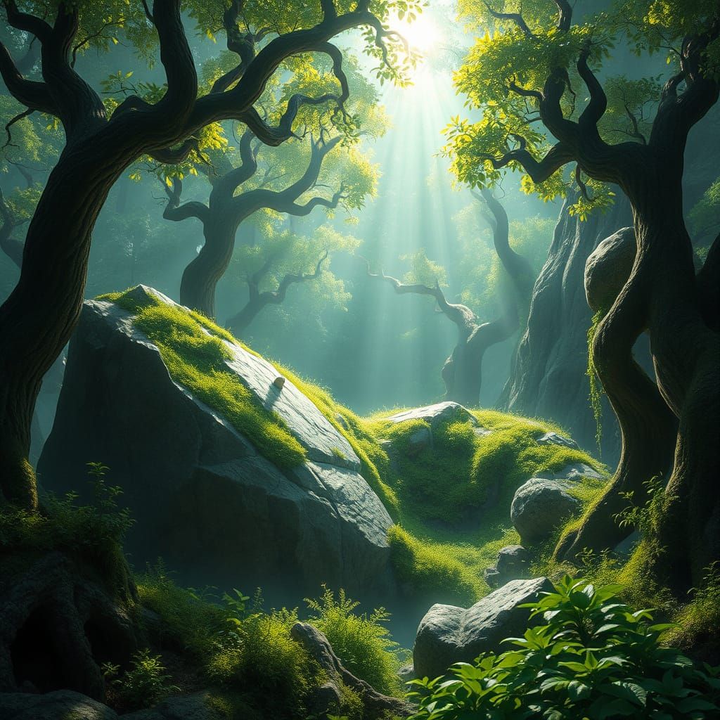 Surreal Stone Golem in a Hidden Valley with Ancient Trees an...