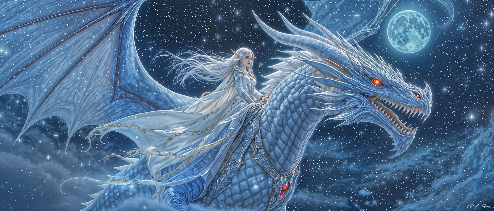 Majestic Dragon Rider in Starry Night Sky