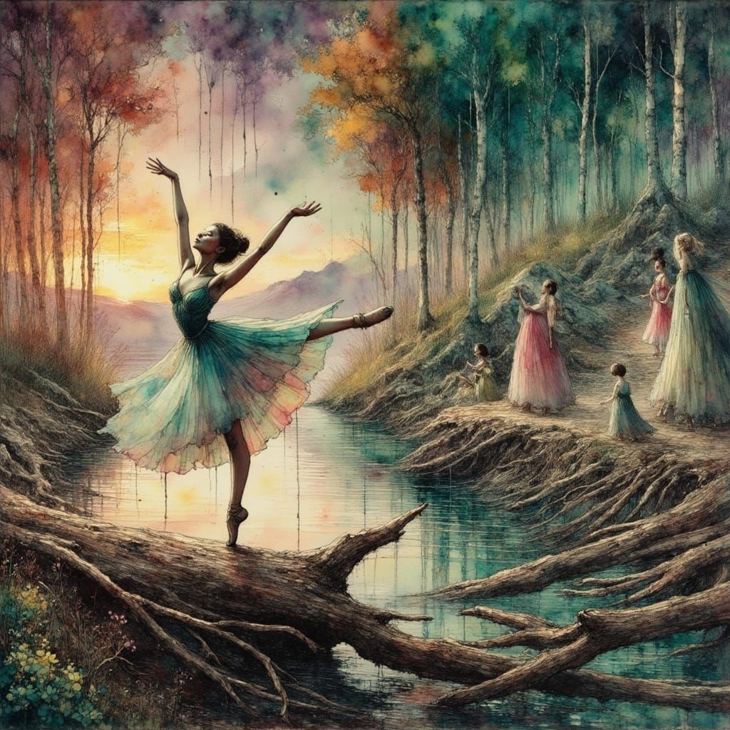 Elegant Ballerinas Frozen in Mid-Pose, Impressionist Oil Pai...