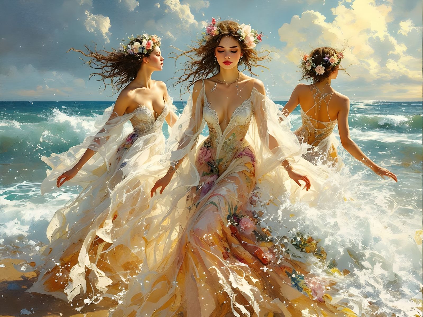 Elegant Women Riding Waves in a Dreamlike Beach Scene