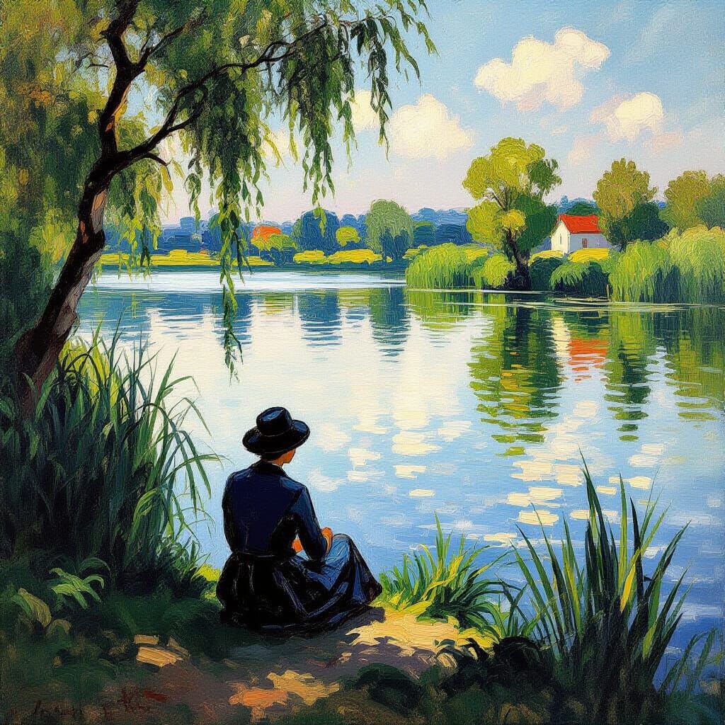Serene Lake Scene in Vibrant Impressionist Oil Style