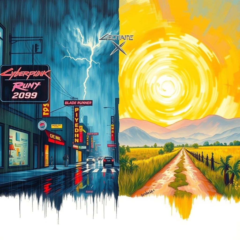Cyberpunk City vs. Country Path Oil Painting