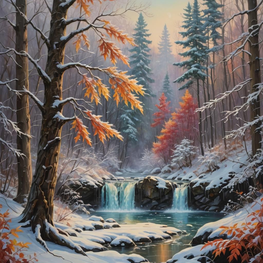 Winter Wonderland: Serene Forest Landscape in Vibrant Oil Pa...