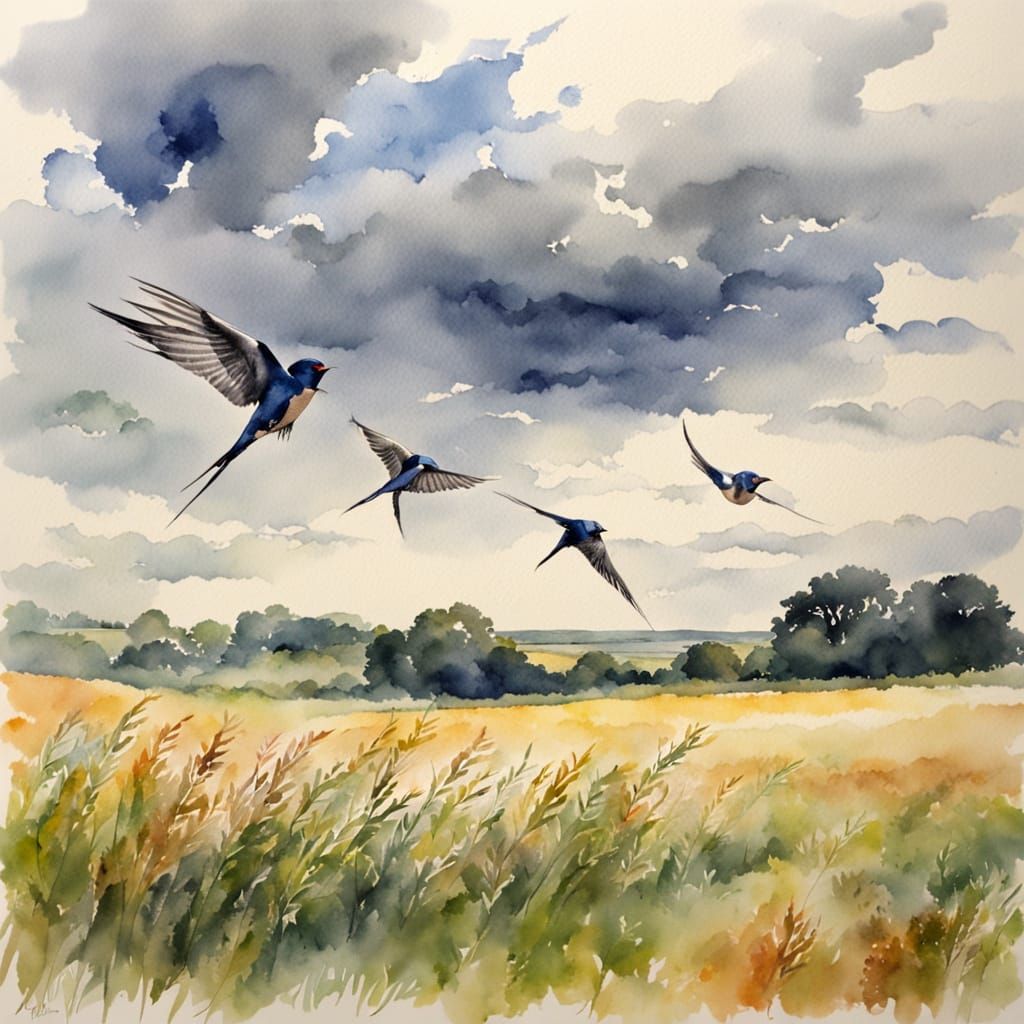 Summer Swallows Dance Amidst Watercolour Clouds