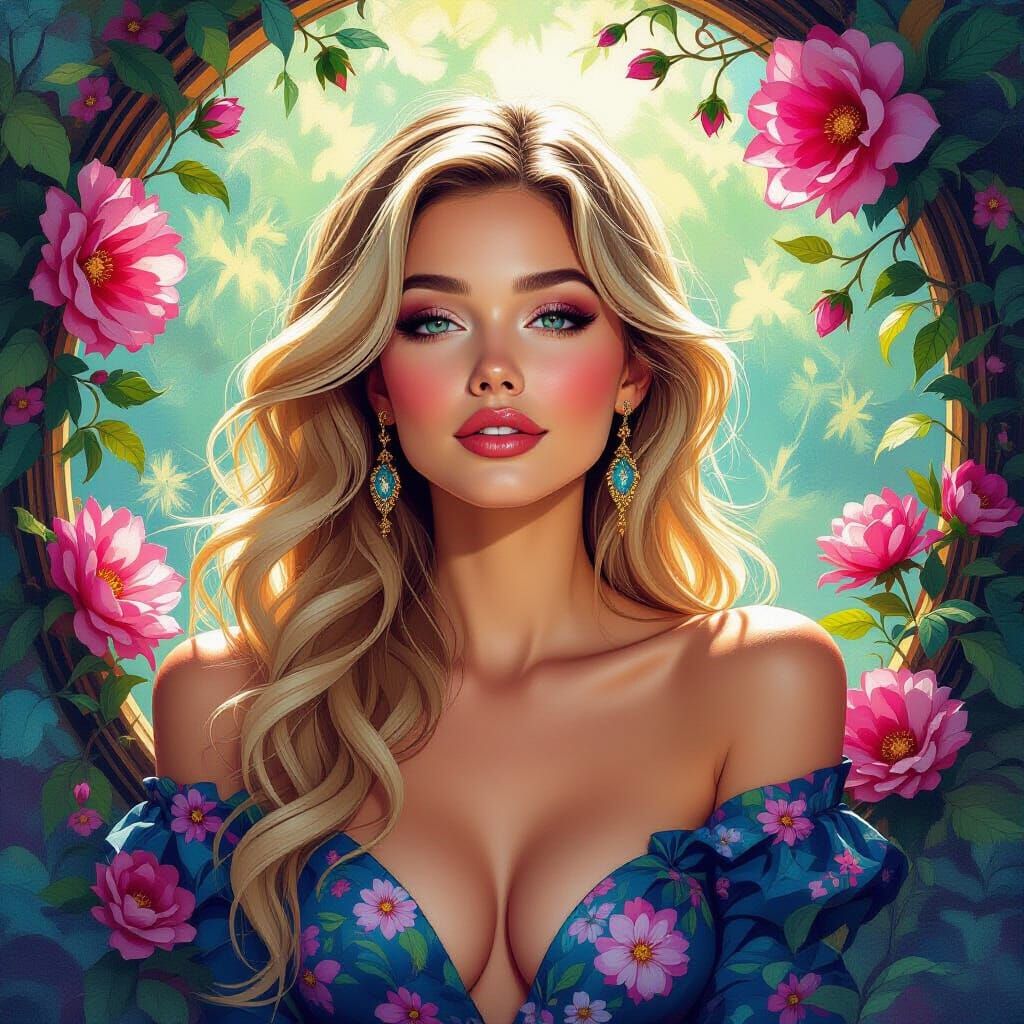 Ethereal Blonde Portrait with Flowers in Gouache Style