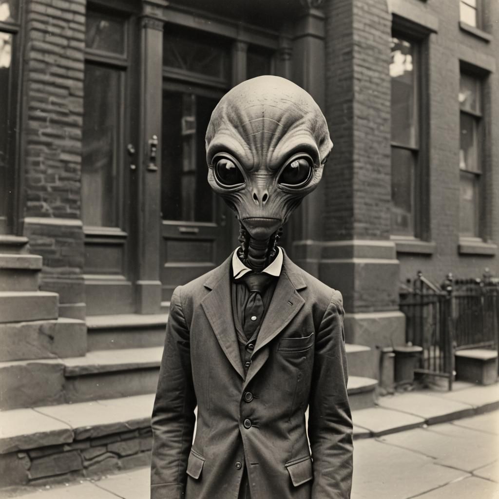 Vintage Photograph of a Humanoid Alien in Cityscape