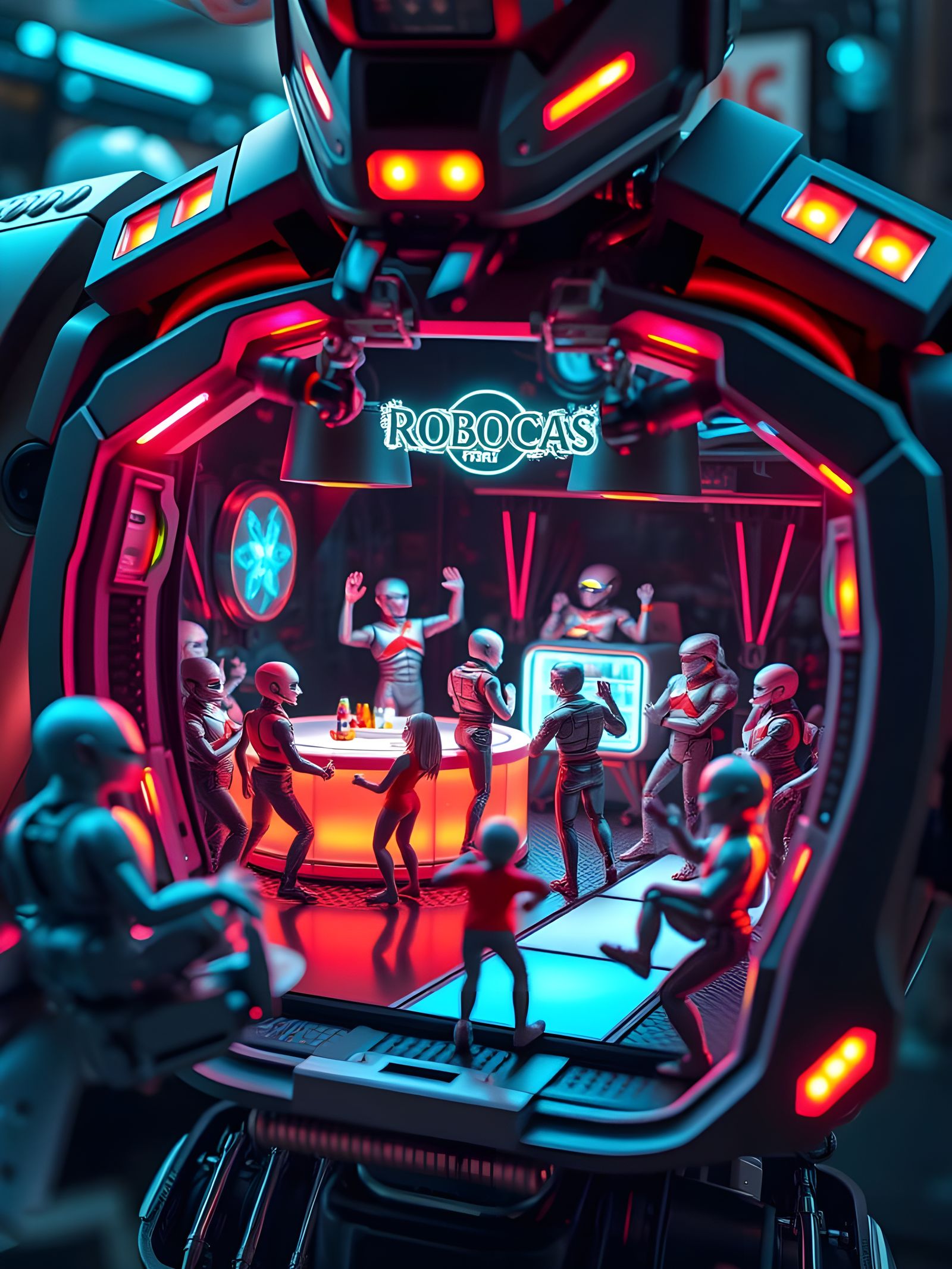 Surreal Robot Nightclub Scene in Hyperrealistic Detail