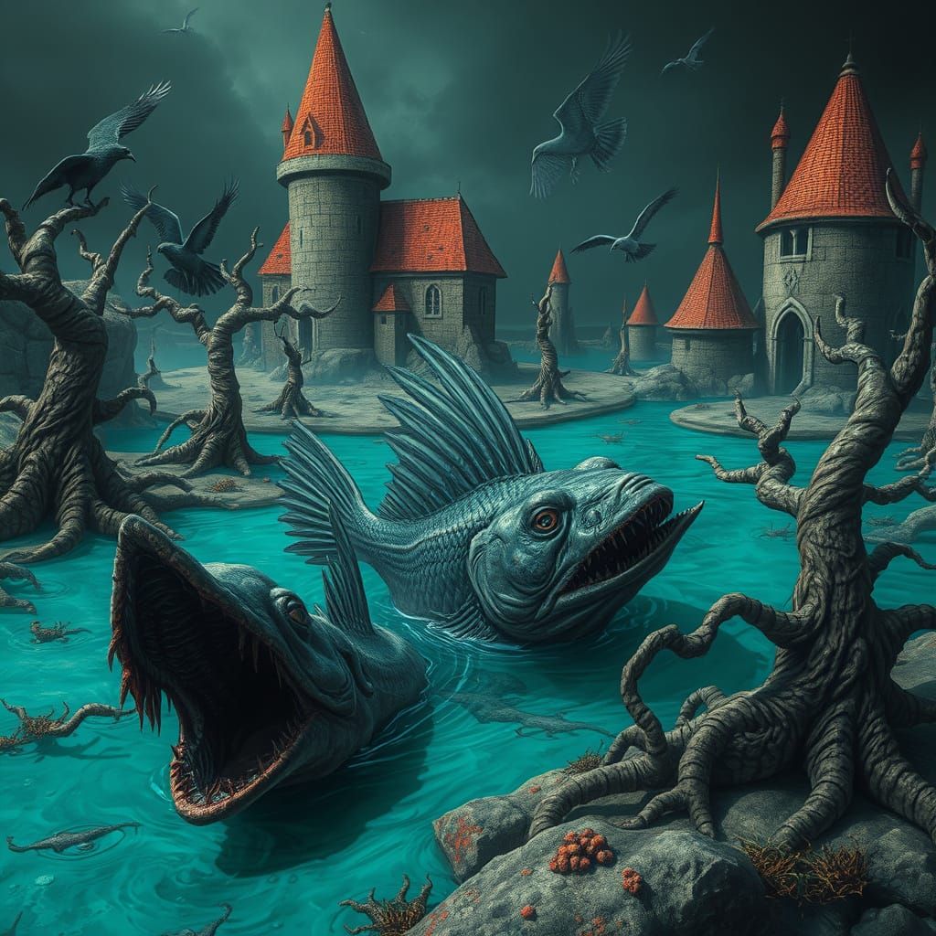 Surreal Fantasy Landscape with Monstrous Fish Creature