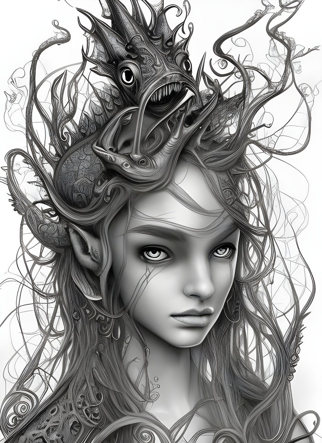 Elegant Amphibious Water Monster in Pencil Sketch Style