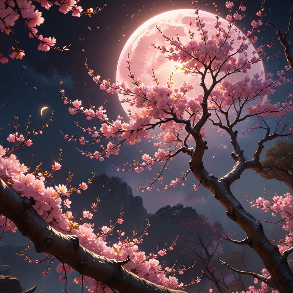 Moonlit Cherry Blossom Tree in Fantasy Oil Painting