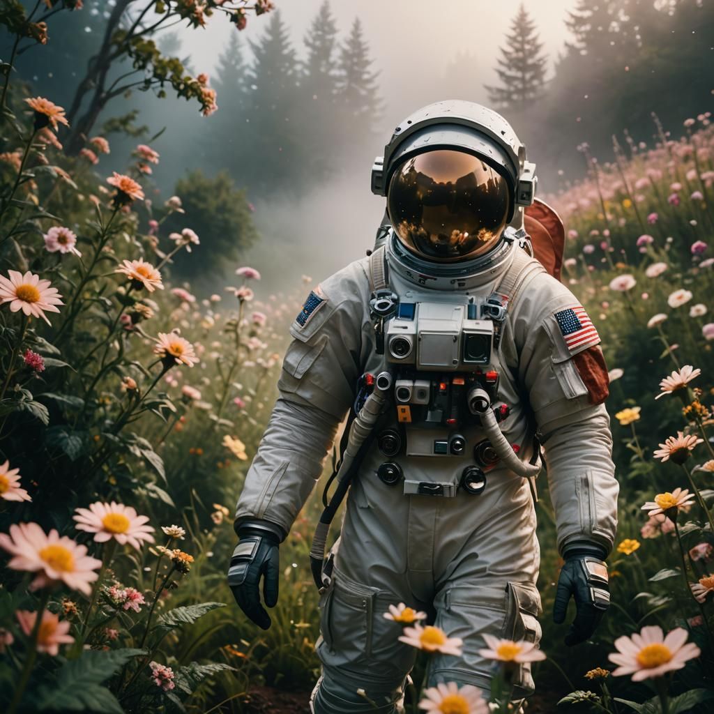 Astronaut in Floral Landscape with Cinematic Lighting