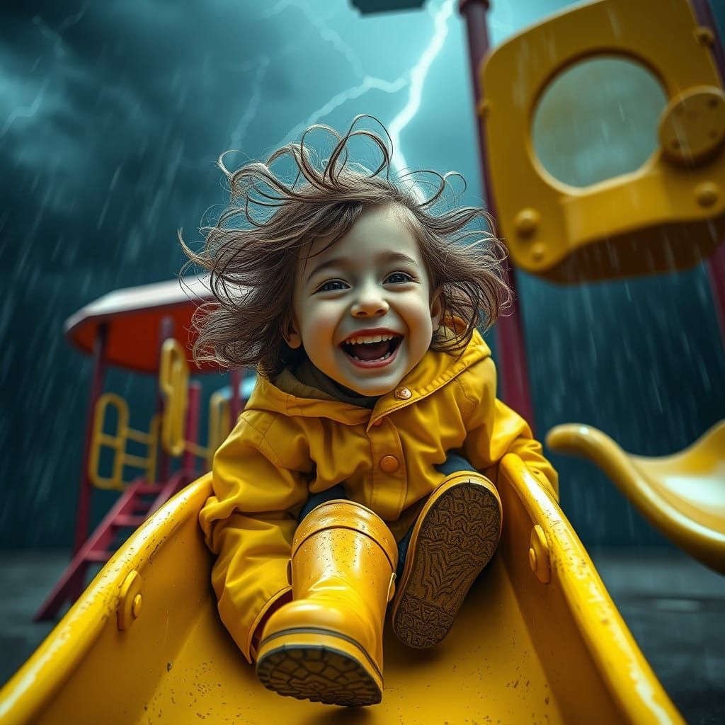 Joyful Girl Slides Through Stormy Weather in Vibrant Concept...