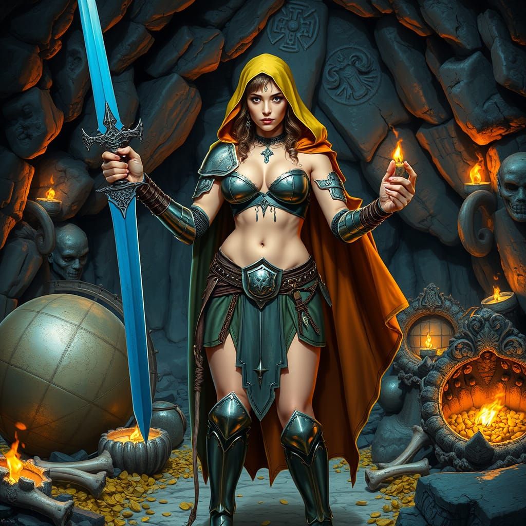 Armored Woman with Sword in Treasure Cave