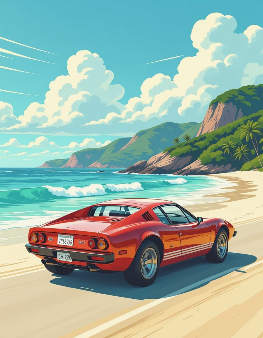 Vintage GT Car on Beach with Synthwave Vibe