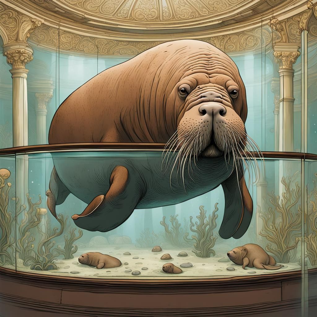 Walrus Swimming in Ornate Aquarium