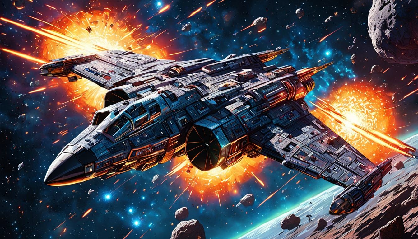 Starfighter Navigates Asteroid Field in Comic Book Style