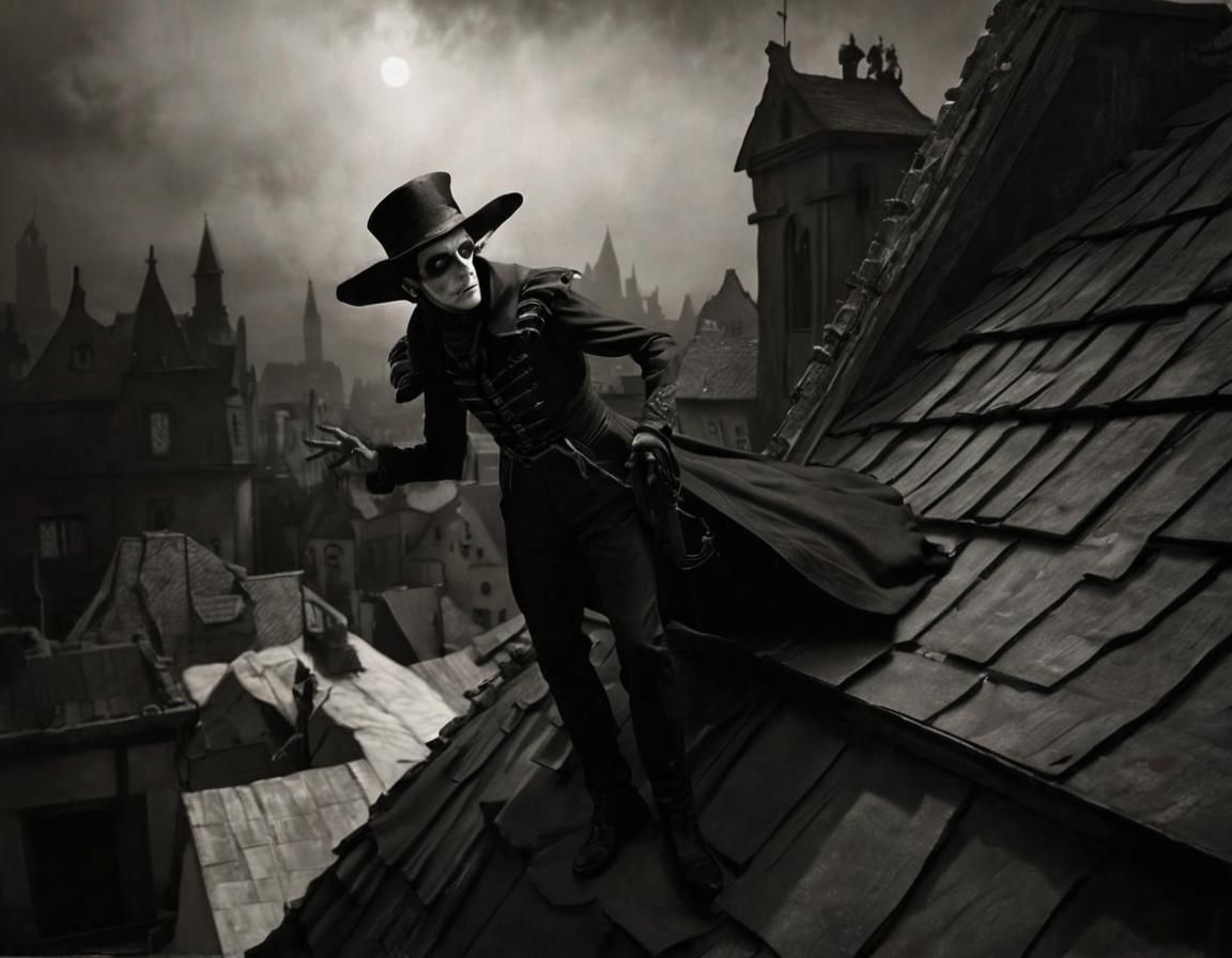 Cesare on a Rooftop in German Expressionism Style