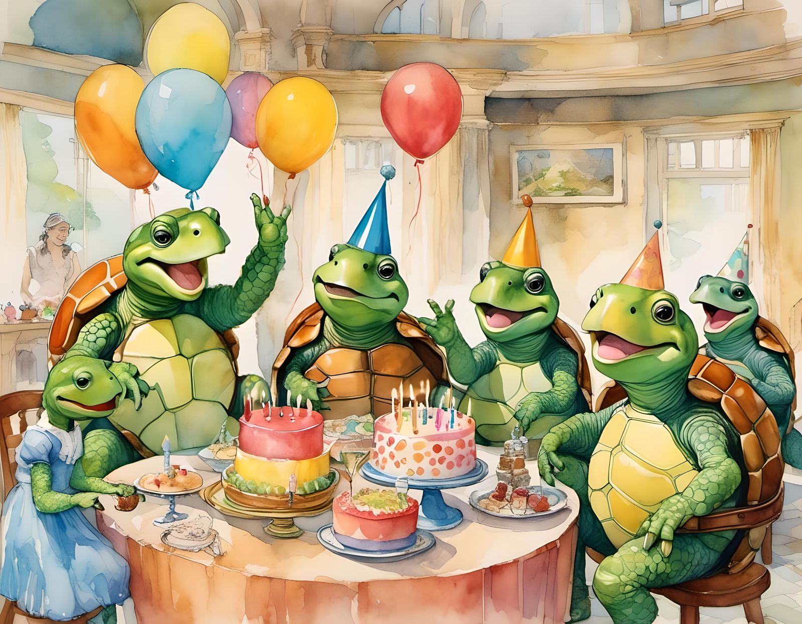 Happy Birthday Turtle in Watercolor Pop Surrealism