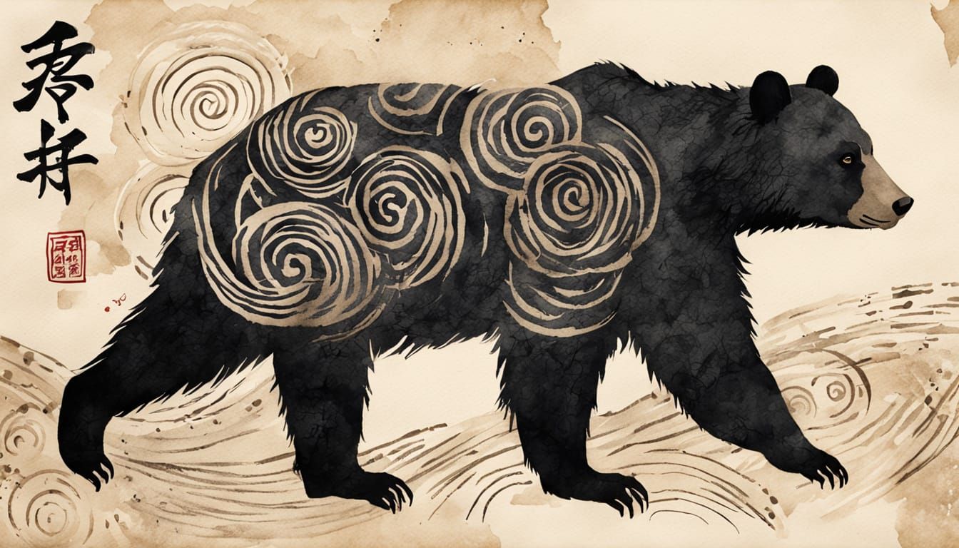 Himalayan Black Bear Ink Sketch in Sumi-e Style