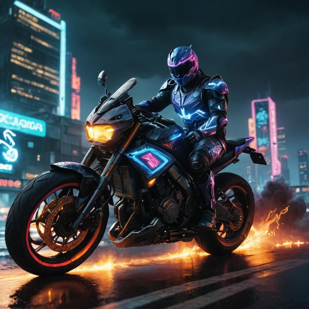 Cyberpunk Power Ranger With Motorcycle in Neon Cityscape