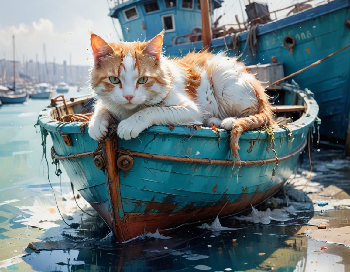 Cat on Fishing Boat: Neo-Impressionist Oil Painting