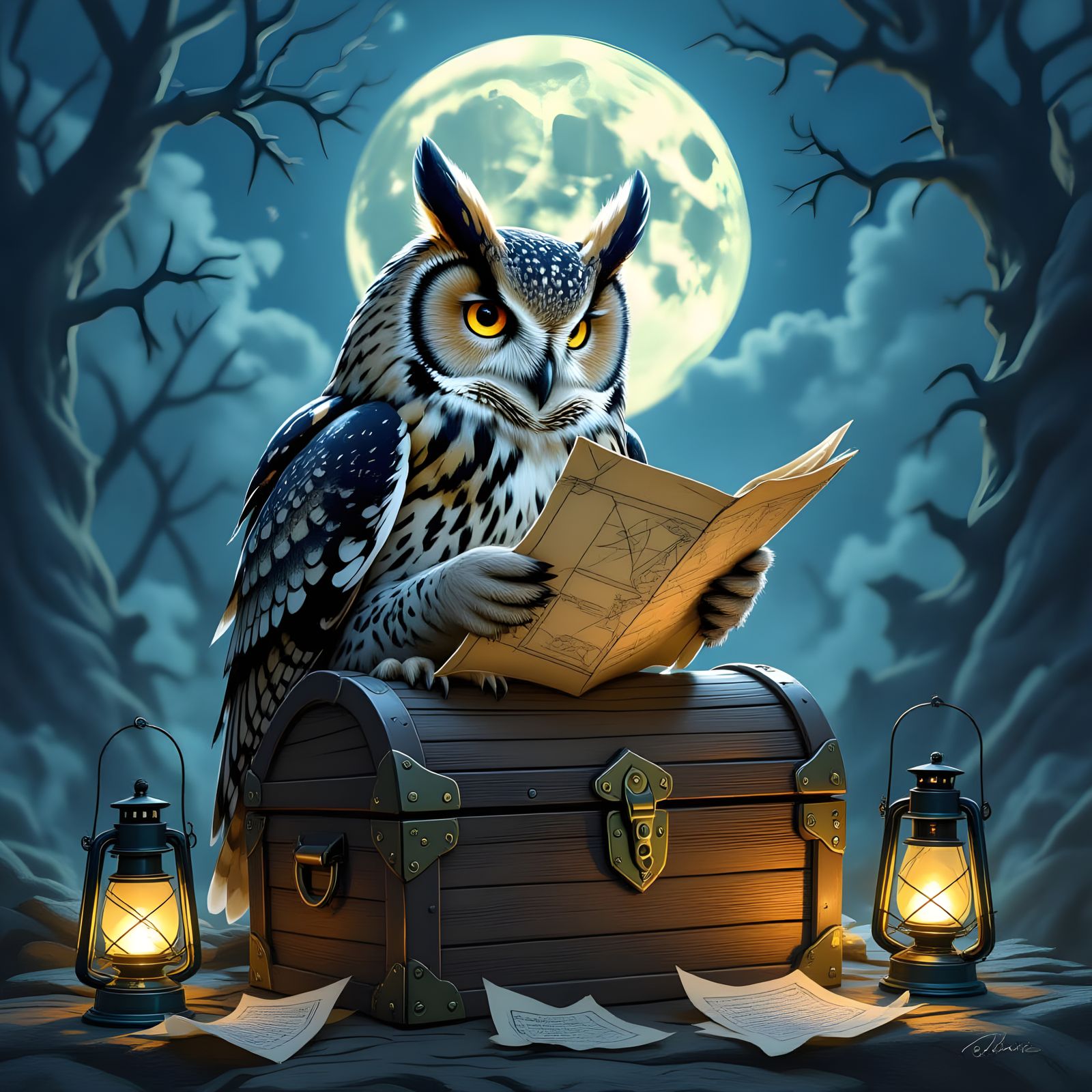 Owl Reading Map on Treasure Chest, Painterly Style