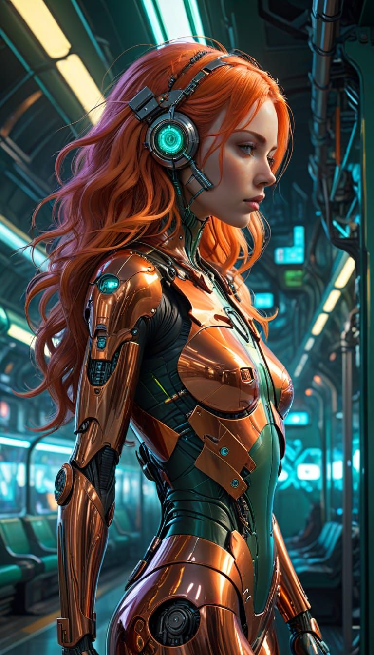 Cyborg Service Technician in Futuristic Train Yard