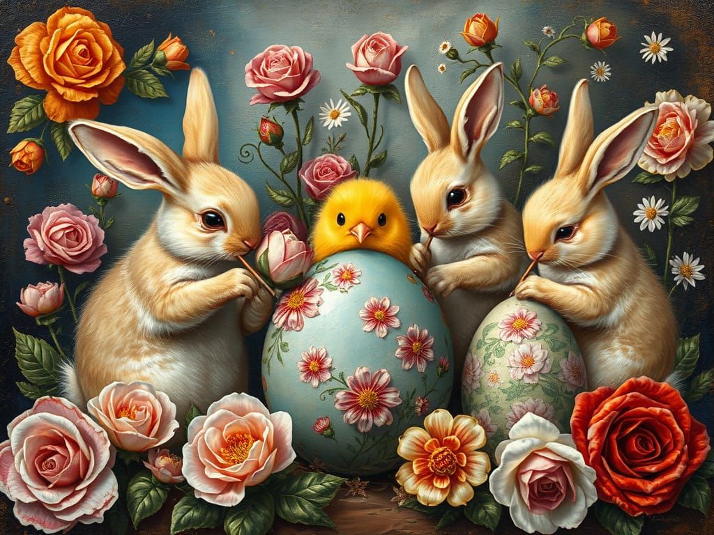 Whimsical Easter Scene with Rabbits and Chicks