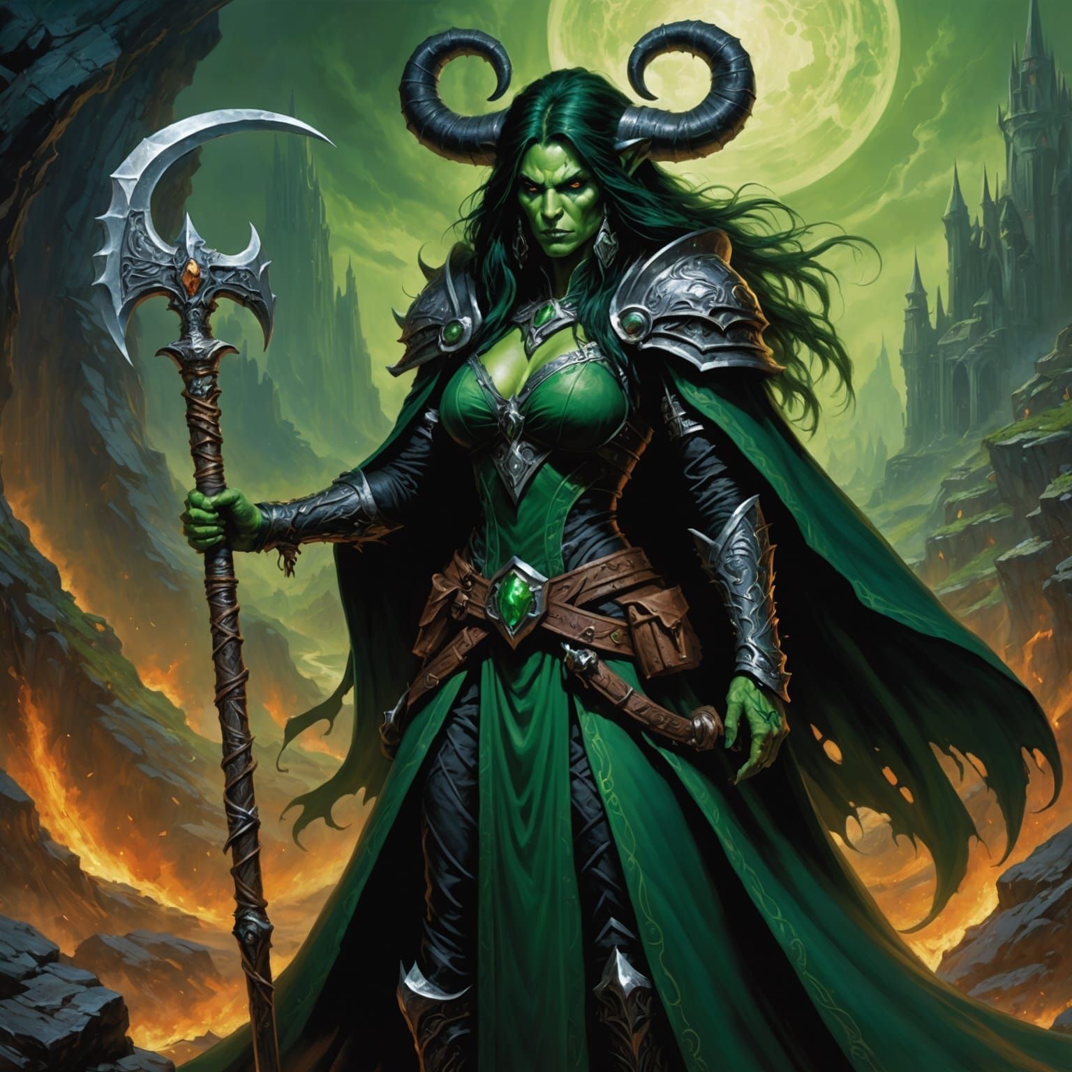 Emerald Troll Warlock with Scythe Staff