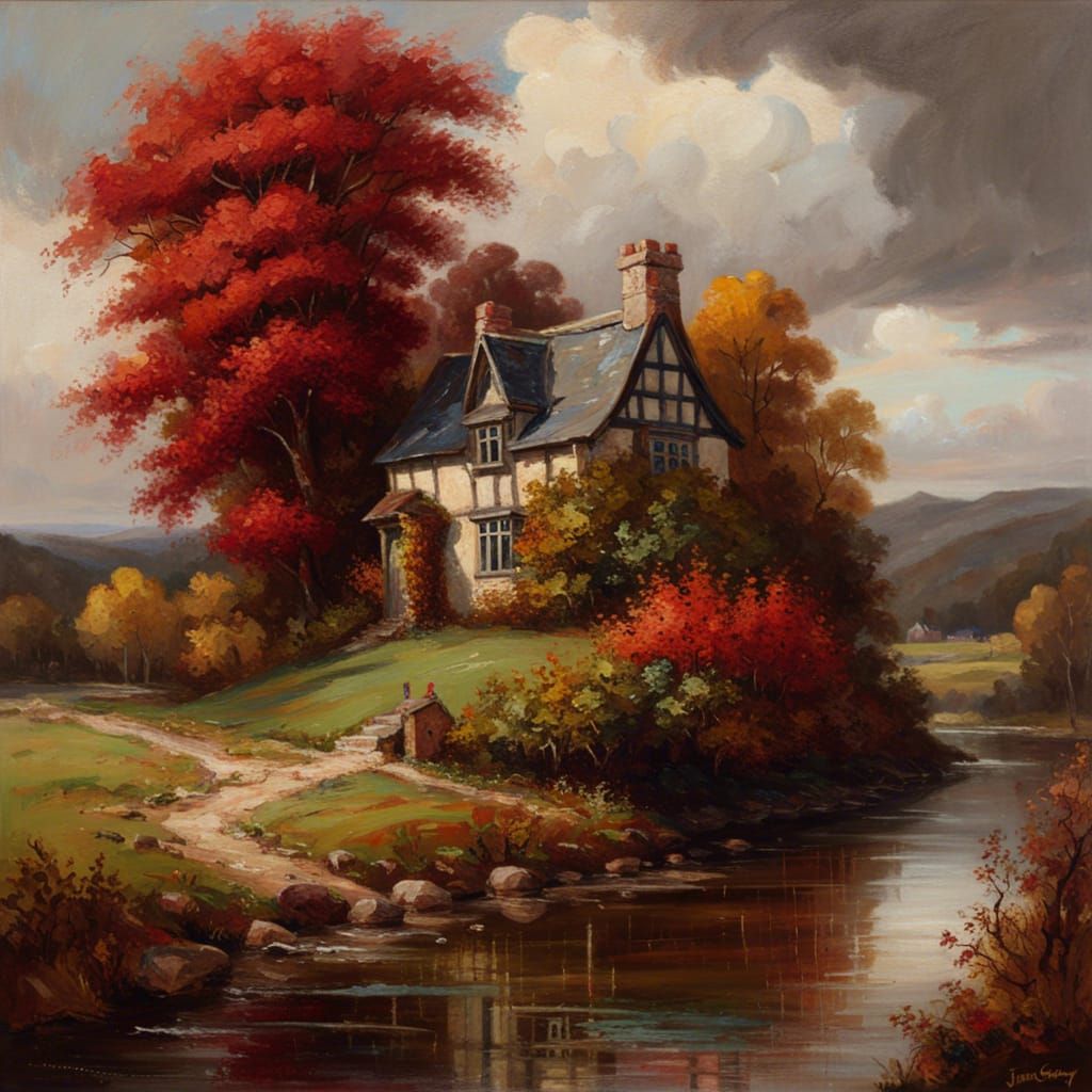 Gothic Cottage by River in Autumnal Forest