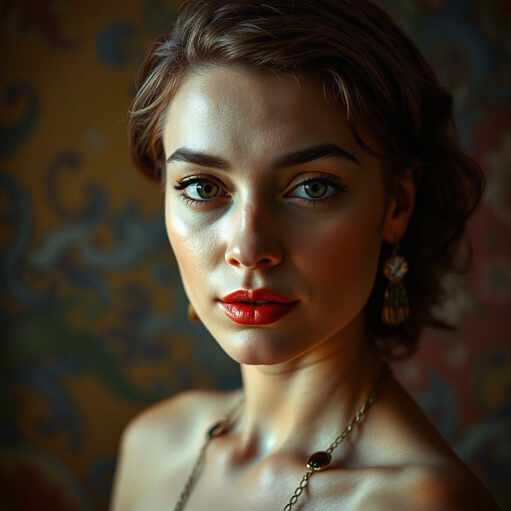 Vintage-Style Female Portrait in Hyperrealistic Detail