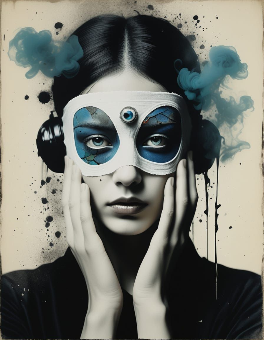 Contemplative Woman With Bandaged Eyes Adorned With Surreal ...