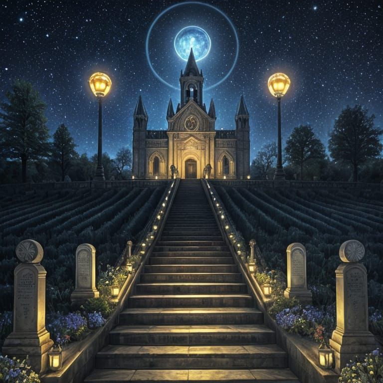 Spirits Escalating to Heaven in Ethereal Moonlit Night