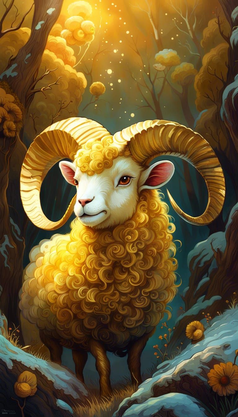 Fluffy Golden Ram Digital Illustration
