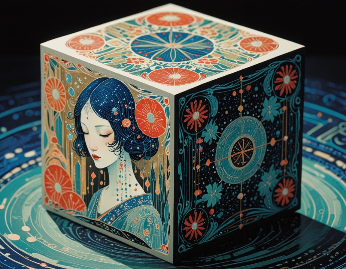 A Vintage-Style Cube in Vibrant Hand-Coloured Linoprint