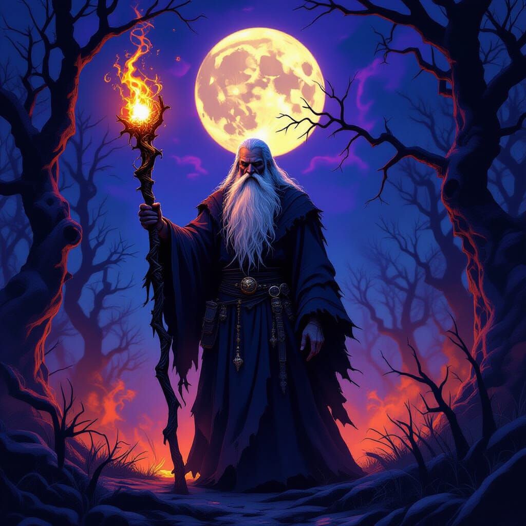 Wise Old Man with Glowing Staff in Haunted Forest