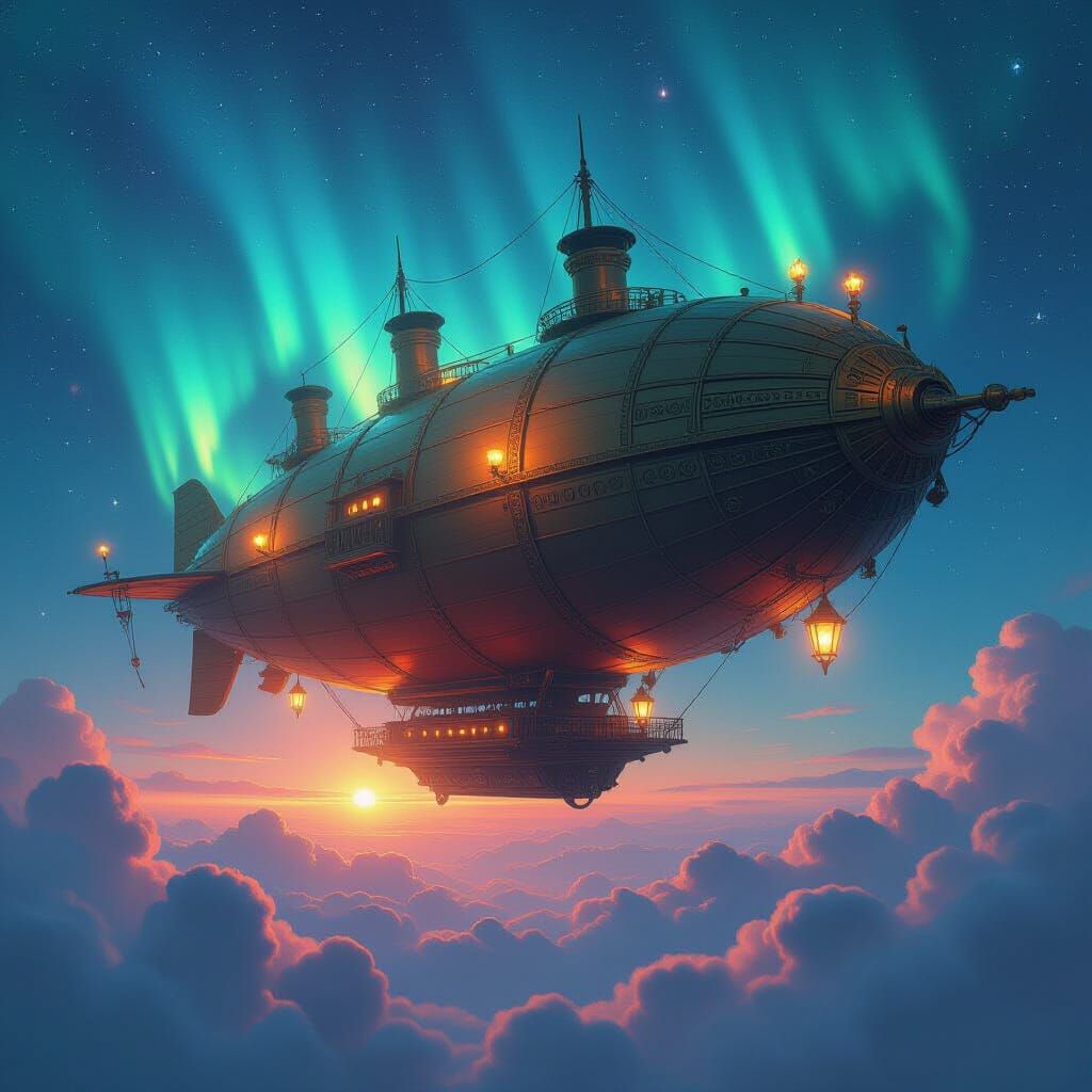 Colossal Airship Drifting Through Aurora Nebula