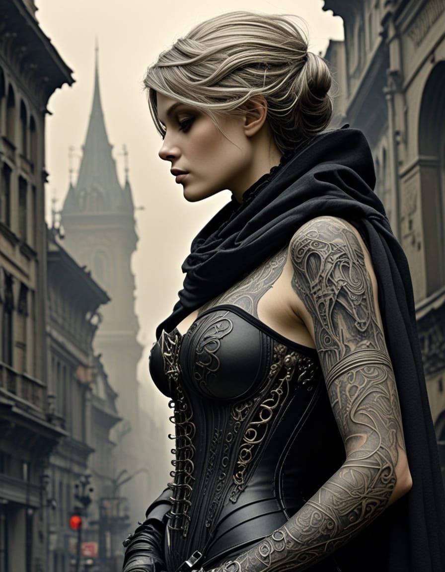 Art Nouveau Woman with Biomechanical Tattoo in Fog