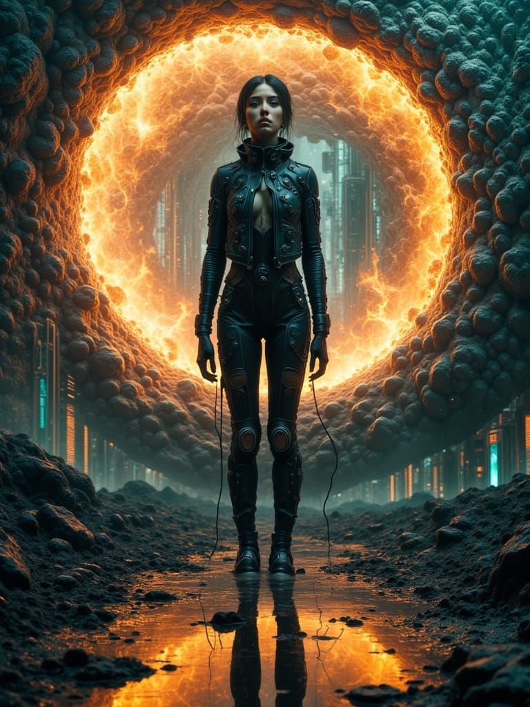 Cyborg Soldier in Dark Surrealist Landscape