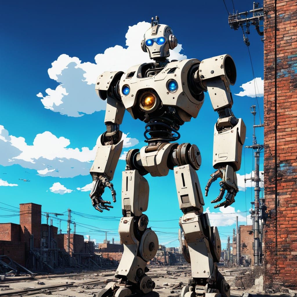 Cyborg Robot in Industrial Landscape, Inspired by Warhol and...