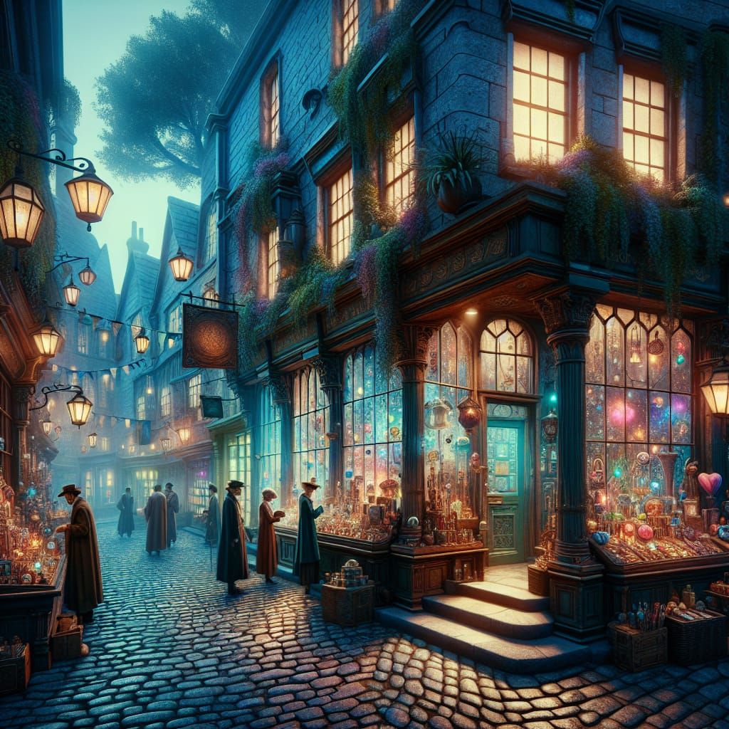 Enchanted Twilight Marketplace with Spellcasters and Lantern...