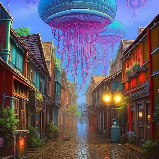 Glowing Jellyfish Over Cobblestone Town: Animated Style