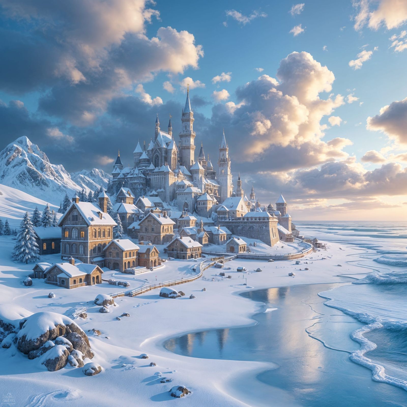 Miniature Snowy City On Beach, Fantastical Concept Art