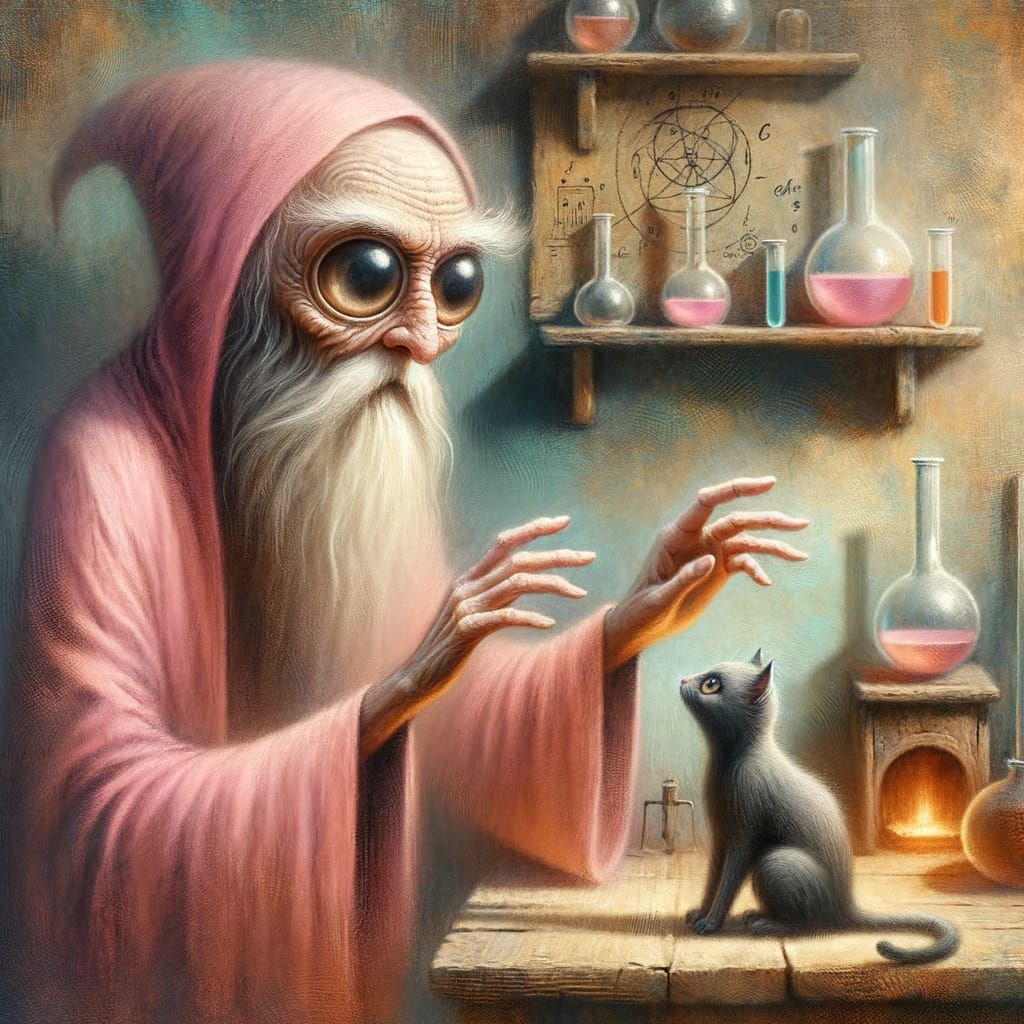 Whimsical Pink Wizard in Alchemy Lab