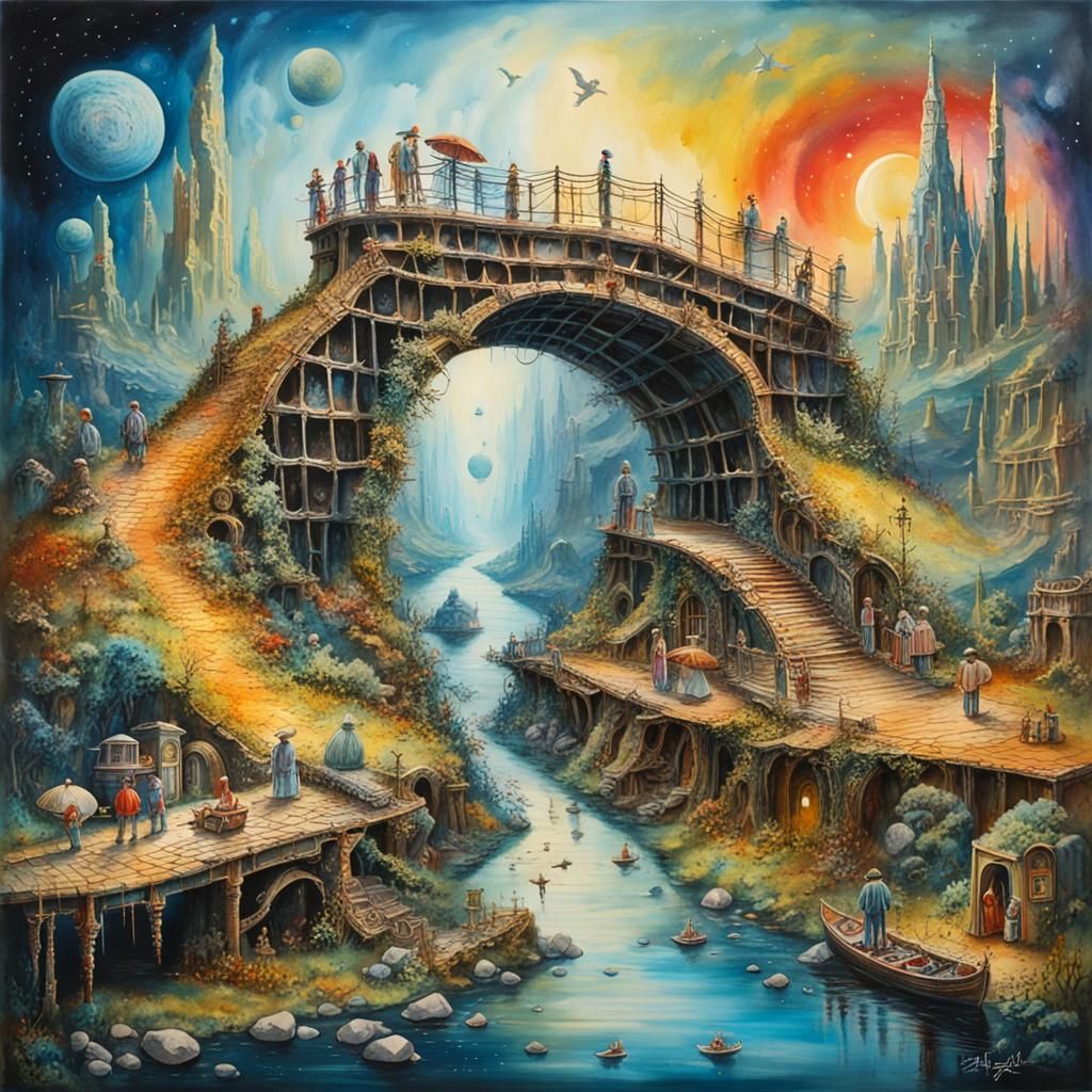 Surreal Ruined Bridge in Galactic Watercolour Diorama